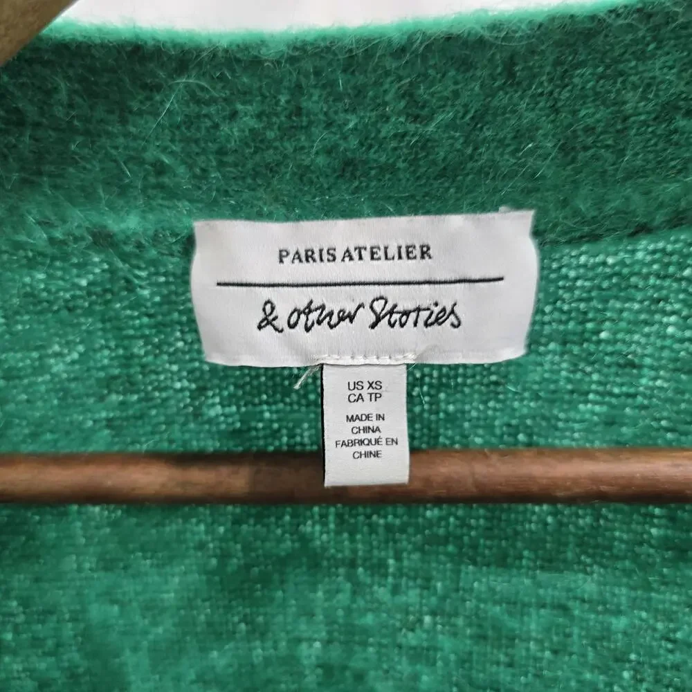 & Other Stories Sweater Womens XS Green Cardigan Dolphin Wool Mohair Kelly - Picture 3 of 12